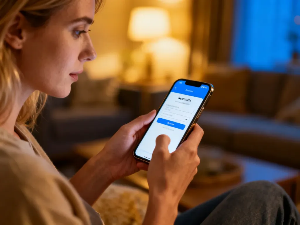 Kobieta dokonująca płatności za zakupy online na smartfonie w przytulnym salonie.