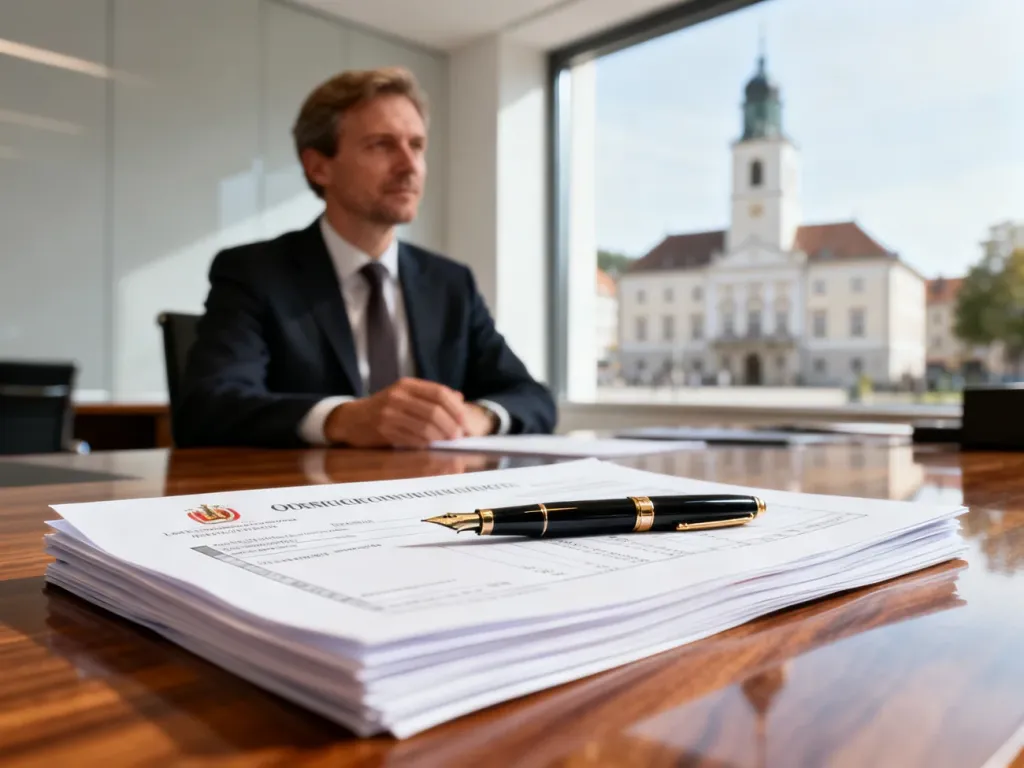 Mężczyzna przy biurku z dokumentami finansowymi i piórem, w tle widok na urząd miasta. Ilustracja zarobków wójta.