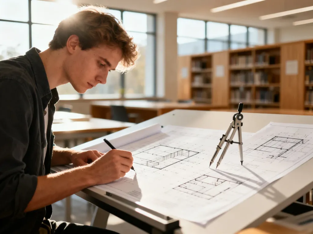 Student architektury skupiony na pracy przy projekcie z planami i przyborami kreślarskimi w nowoczesnym studio.