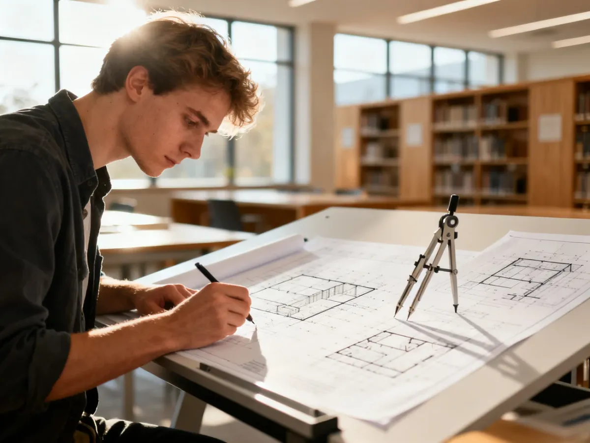 Student architektury skupiony na pracy przy projekcie z planami i przyborami kreślarskimi w nowoczesnym studio.