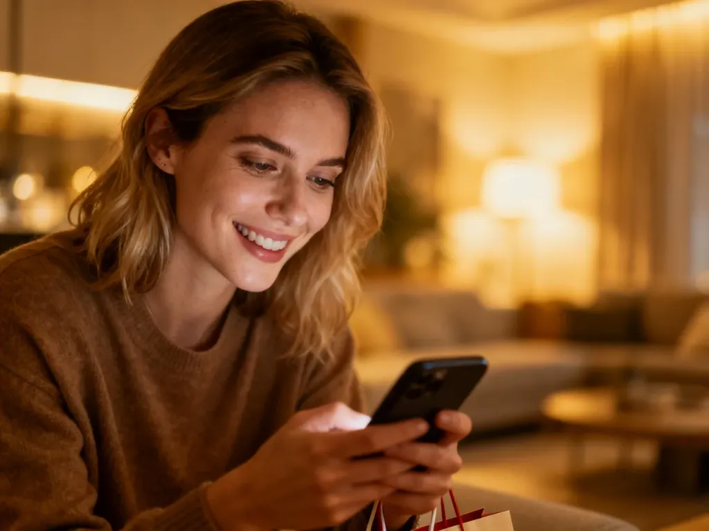 Kobieta z uśmiechem robi zakupy przez smartfon w przytulnym salonie, co ilustruje łatwość płatności na AliExpress.