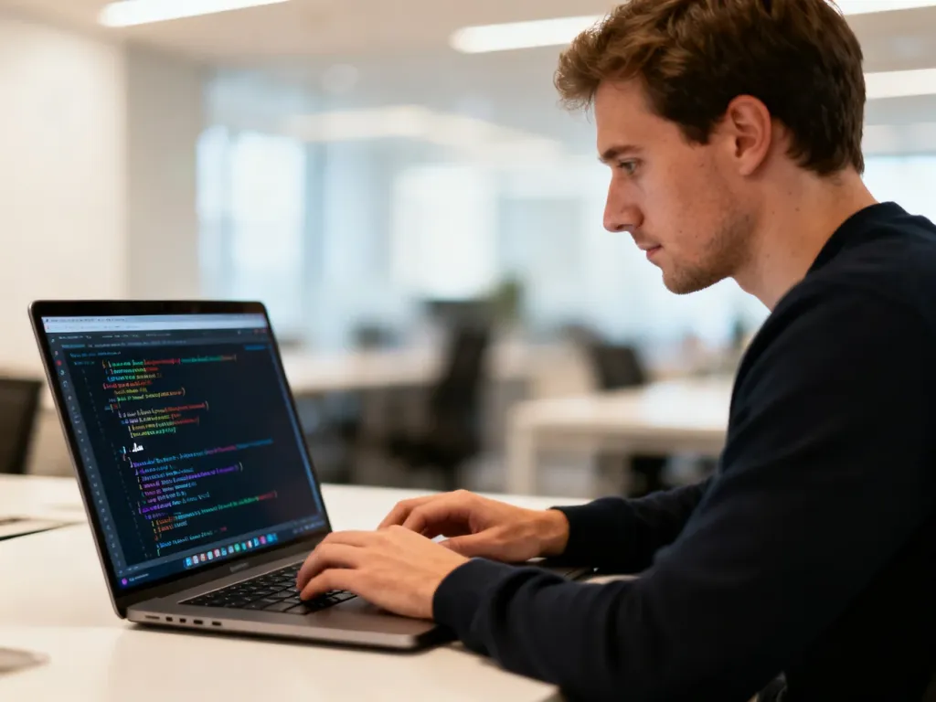 Programista Java skupiony na pracy przy laptopie z widocznym kodem źródłowym w nowoczesnym biurze.