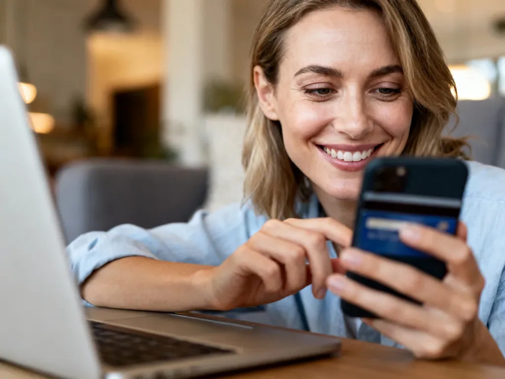 Kobieta uśmiecha się, robiąc zakupy online na smartfonie, obok leży laptop i karta płatnicza.