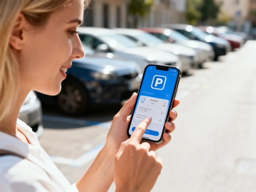 Kobieta korzystająca z aplikacji mobilnej do opłacenia parkowania na tle miejskiej ulicy.