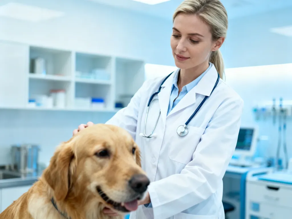 Weterynarz w białym fartuchu wykonuje badanie golden retrievera w nowoczesnym gabinecie.