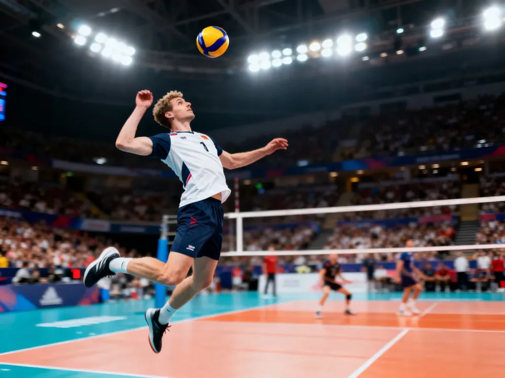 Siatkarz w dynamicznym wyskoku wykonujący atak na tle wypełnionej hali sportowej.
