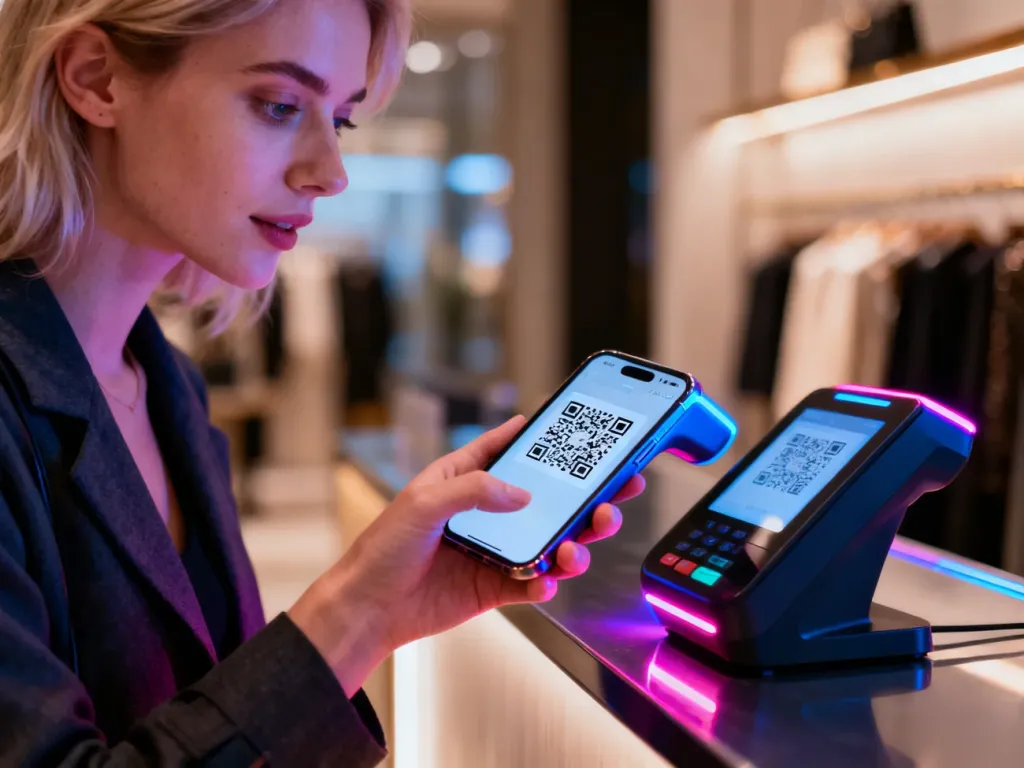 Kobieta płaci kryptowalutą, skanując kod QR smartfonem przy terminalu w nowoczesnym sklepie.