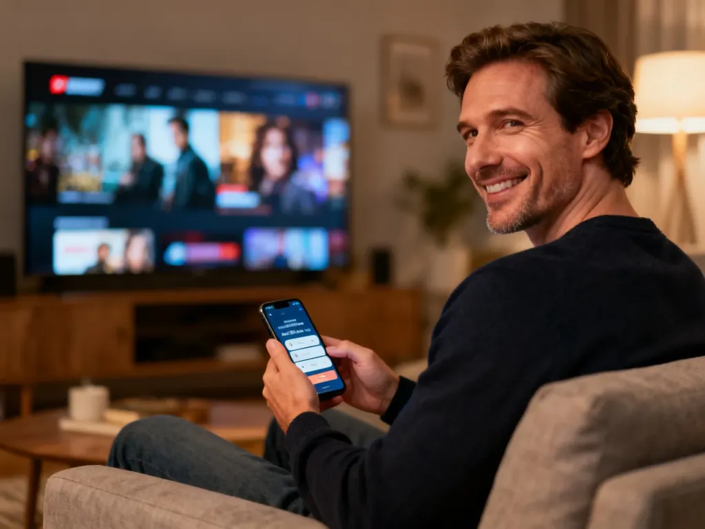 Mężczyzna siedzący na kanapie z uśmiechem wybiera plan subskrypcji HBO Max na swoim smartfonie w przytulnym salonie.