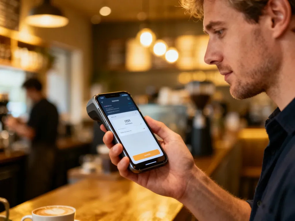 Mężczyzna trzymający smartfon z widocznym ekranem płatności w przytulnej kawiarni, ilustrujący proces płatności online.