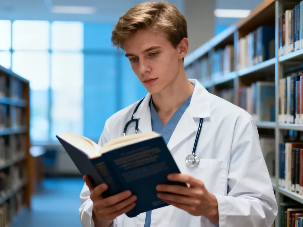 Student medycyny w białym fartuchu z podręcznikiem w nowoczesnej bibliotece uniwersyteckiej.