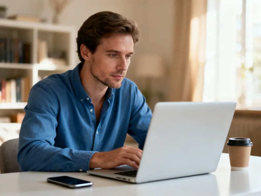 Mężczyzna pracujący przy laptopie w domowym biurze, przygotowujący się do rozliczenia podatku PIT online.