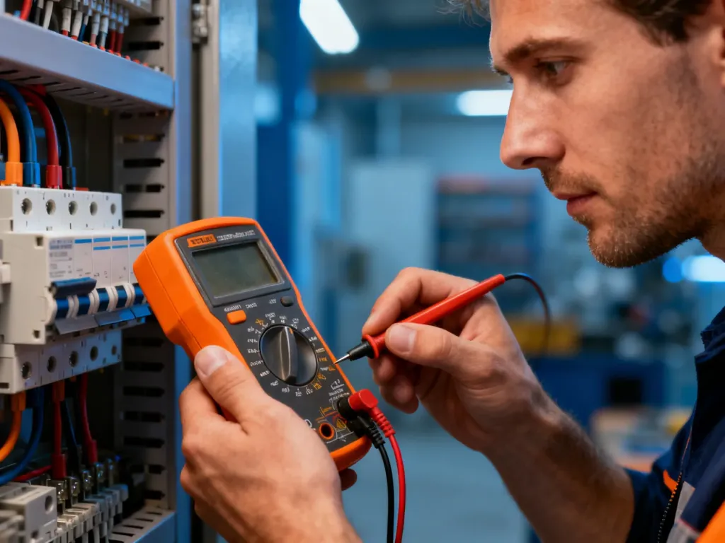 Elektryk trzymający multimetr przy rozdzielnicy elektrycznej w nowoczesnym warsztacie.