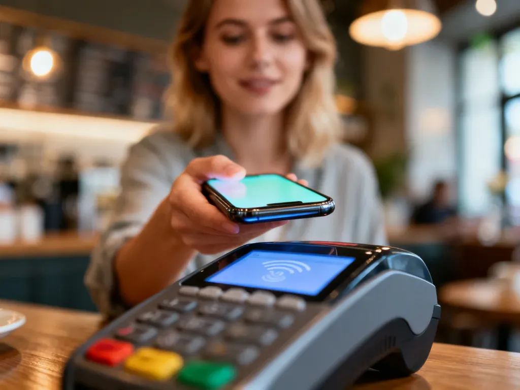 Kobieta płaci zbliżeniowo smartfonem przy terminalu płatniczym w przytulnej kawiarni.