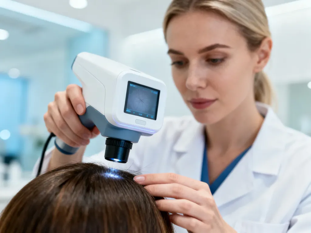 Trycholog bada skórę głowy pacjentki za pomocą nowoczesnego dermatoskopu w profesjonalnym gabinecie.
